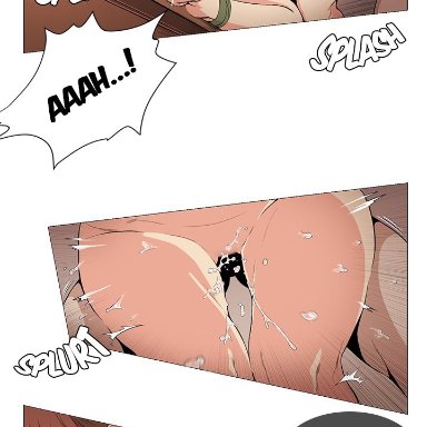 webtoon, 1girls, 2boys, age difference, angry, arms above head, arms tied, arms up, ass, bent over, bondage, bouncing breasts, breasts, breasts out, broken rape victim