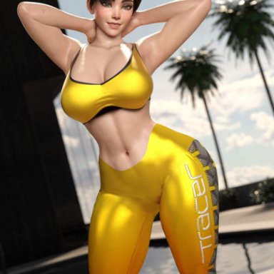 blizzard entertainment, overwatch, lena oxton, tracer, hagiwara studio, 1girls, bimbo, breasts, brown hair, female, female only, shiny clothes, short hair, solo, sports bra