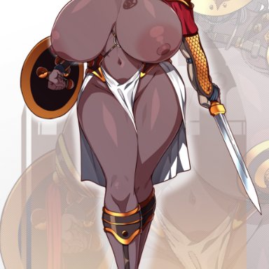 original, slave gladiator (konoshige), konoshige (ryuun), ryuun (stiil), 1girls, areolae, arm armor, armor, asymmetrical armor, blush, branded, breasts, collar, dark skin, dark-skinned female