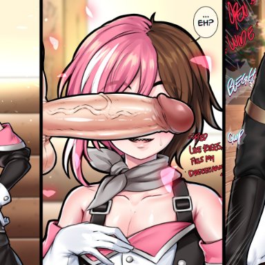 rwby, curious cat (rwby), neo (rwby), ruby rose, tabletknight, 2boys, blue eyes, brown hair, fellatio, femboy, irrumatio, pink hair, sword swallowing position, yaoi, genderswap (ftm)