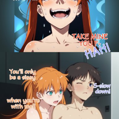 neon genesis evangelion, asuka langley sohryu, ikari shinji, souryuu asuka langley, aigatari, :&lt;, 1boy, ai-created, angry, aqua eyes, asuka langley, breasts, female, futanari, gesugao