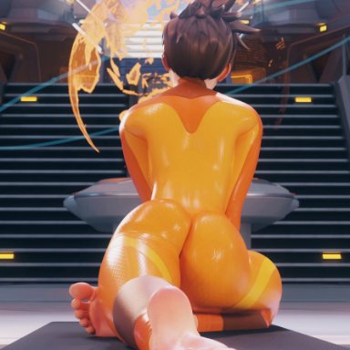 blizzard entertainment, overwatch, lena oxton, tracer, kreamu, 1girls, ass, breasts, clothed, clothing, feet, female, female only, short hair, solo