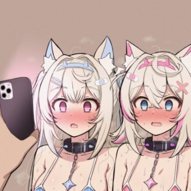 hololive, hololive english, hololive english -advent-, fuwawa abyssgard, mococo abyssgard, mamerakkkkko, @ @, 2girls, animal ears, blonde hair, blush, collar, dog ears, dog girl, female