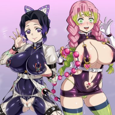 demon slayer, kimetsu no yaiba, kanroji mitsuri, kochou shinobu, artist request, gozaru, anal beads, anal insertion, belly tattoo, clitoral piercing, fellatio gesture, female, huge ass, huge breasts, nipple piercing