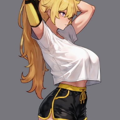 rwby, yang xiao long, bluefield, 1girls, arms behind back, arms behind head, arms up, blonde hair, booty shorts, breasts, female, hi, long hair, prosthetic, prosthetic arm