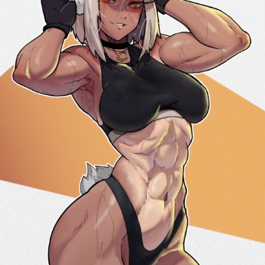 boku no hero academia, my hero academia, miruko, rumi usagiyama, usagiyama rumi, stopu, 1girls, athletic female, bunny ears, bunny girl, long hair, muscular female, red eyes, seductive look, tanline