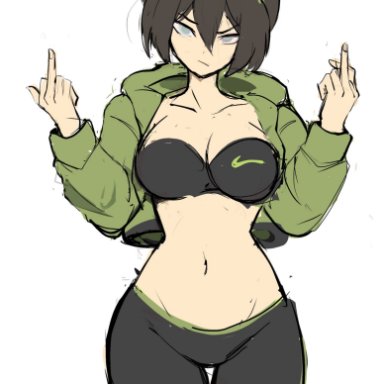 avatar the last airbender, nike, toph bei fong, rakeemspoon, 1girls, aged up, asian female, bangs, big breasts, blind, brown hair, cleavage, clothed, double middle finger, female