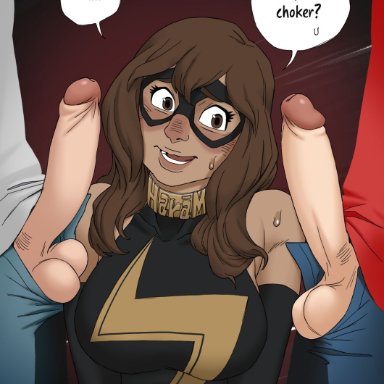 marvel, marvel cinematic universe, marvel comics, kamala khan, ms. marvel, 1girls, 2boys, big breasts, big penis, blush, brown eyes, brown hair, choker, collar, dark hair