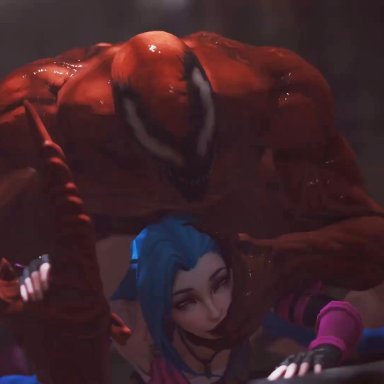 league of legends, marvel, marvel comics, riot games, spider-man (series), carnage (marvel), jinx (league of legends), artist request, shamelessdeeg, 1boy, 1boy1girl, 1girls, alien, alien/human, blue hair