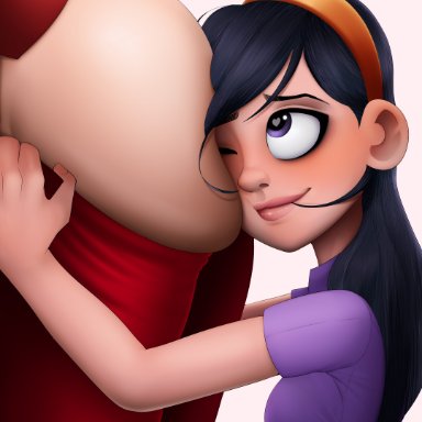 pixar, the incredibles, helen parr, violet parr, shadikbitardik, 2girls, ass, big ass, big butt, black hair, face in ass, female, heart-shaped pupils, mature female, milf