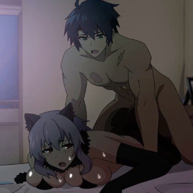 owari no seraph, seraph of the end, hiiragi shinoa, hyakuya yuuichirou, 1boy, 1girls, black hair, brown eyes, cat ears, cat girl, cat tail, catgirl, clothed sex, cum in pussy, cum inside