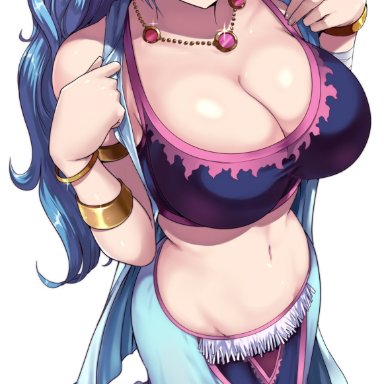 one piece, nefertari vivi, kasai shin, 1girls, belly dancer, belly dancer outfit, blue hair, cleavage, harem girl, harem outfit, large breasts, royalty, skirt, voluptuous