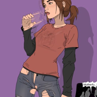 the last of us, ellie (the last of us), ellie williams, sunnie, 1girls, blowjob face, blowjob gesture, brown hair, clothed, clothing, freckles, green eyes, imminent oral, innuendo, jeans