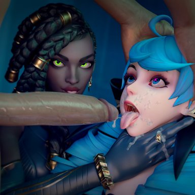 league of legends, gwen (league of legends), senna (league of legends), z.i.s-zeus, 1boy, 2girls, after blowjob, after oral, black hair, blowjob, blue eyes, blue hair, clothed, clothing, cum