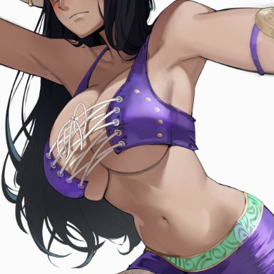 one piece, miss all sunday, nico robin, jerrydurd, cowboy hat, dark skin, dark-skinned female, large breasts, long hair, solo, string, tan, underboob, pre-timeskip