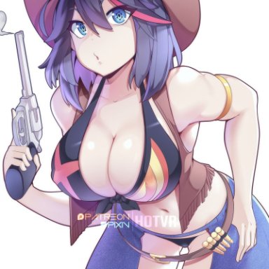 kill la kill, matoi ryuuko, senketsu, hotvr, :o, 1girls, alternate costume, belly button, black hair, blue eyes, breasts, female, female only, gun, hat