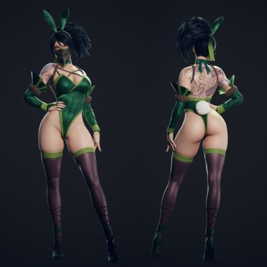 league of legends, league of legends: wild rift, riot games, akali, ryanreos, 1girls, ass, back view, big breasts, black hair, breasts, bunny ears, bunny girl, bunny tail, bunnysuit