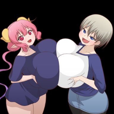 kobayashi-san chi no maidragon, miss kobayashi's dragon maid, uzaki-chan wa asobitai!, ilulu (dragon maid), uzaki hana, manyakis, 2girls, big breasts, breasts, breasts pressed together, breasts to breasts, breasts together, clothed, clothed female, clothing