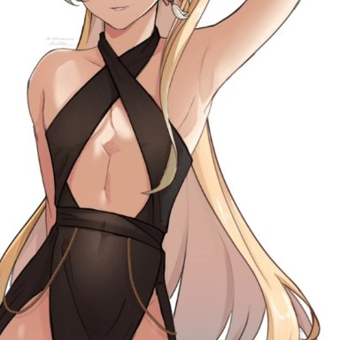 genshin impact, hoyoverse, mihoyo, aether (genshin impact), black dress, blonde hair, crossdressing, dress, femboy, long hair, long hair male, looking at viewer, male in dress, trap, twink