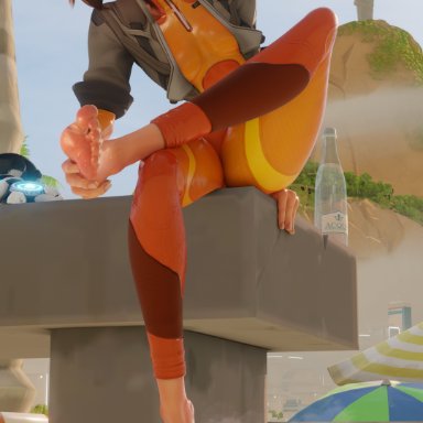 blizzard entertainment, overwatch, overwatch 2, lena oxton, tracer, syclops, barefoot, bodysuit, feet, foot fetish, foot focus, footwear, latex, musk clouds, outdoors