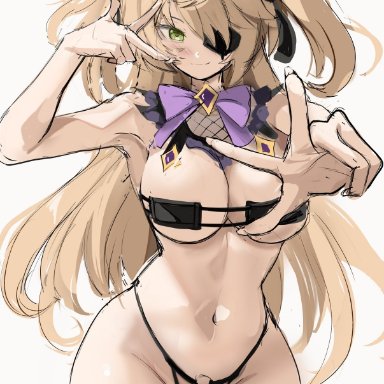 genshin impact, mihoyo, fischl (genshin impact), artist request, rakeemspoon, 1girls, armpit, belly, belly button, big breasts, blonde female, blonde hair, blush, blushing, breasts