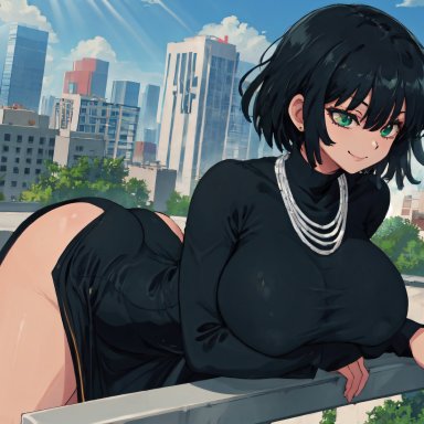 one-punch man, fubuki (one-punch man), mabi ai, 1girls, bent over, big ass, big breasts, black dress, dress, green eyes, green hair, jewelry, large ass, large breasts, leaning forward