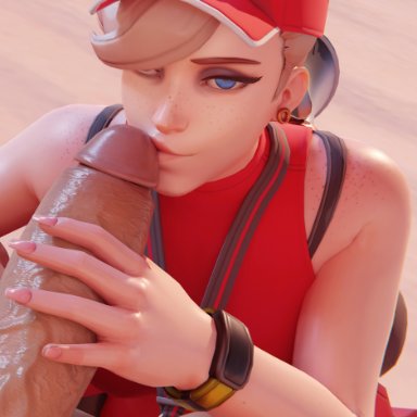 blizzard entertainment, overwatch, lifeguard mercy, mercy, yazz 3d, beach, blonde hair, blue eyes, clothed female, earrings, freckles, huge cock, imminent oral, kissing penis, light-skinned female