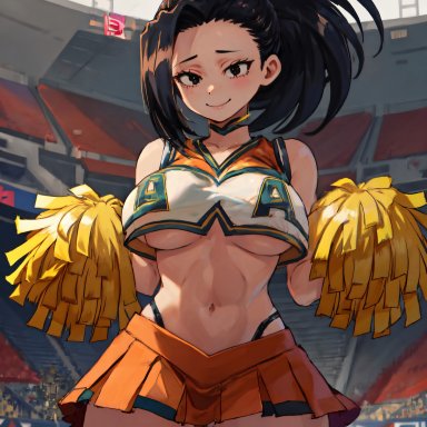 boku no hero academia, my hero academia, momo yaoyorozu, yaoyorozu momo, mabi ai, 1girls, big breasts, black eyes, black hair, cheerleader, cheerleader uniform, large breasts, midriff, navel, pom poms