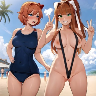 doki doki literature club, stable diffusion, 2girls, beach, blue eyes, blush, blushing, bob cut, brown hair, cameltoe, confused, double peace sign, exhibitionism, female, female focus