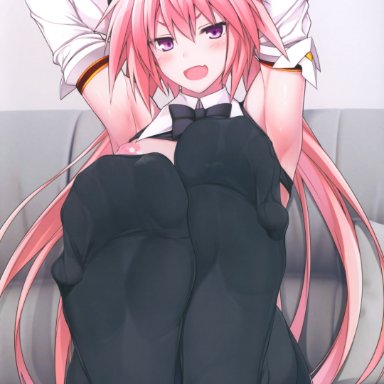 fate (series), fate/grand order, astolfo (fate), naturalton, 1boy, armpits, arms behind head, arms up, black legwear, black socks, bow, bowtie, breasts, exposed breasts, feet
