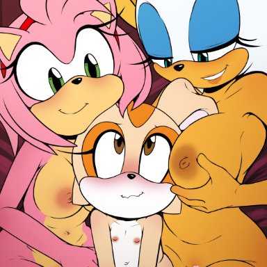sega, sonic (series), sonic the hedgehog (series), amy rose, cream the rabbit, rouge the bat, gr (artist), 3girls, age difference, bat, blue eyes, blush, breasts, brown eyes, bunny