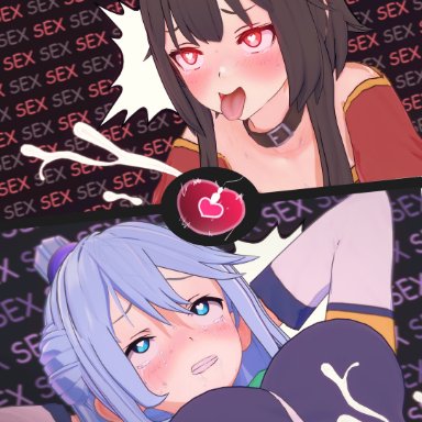 aqua (konosuba), megumin, arcadia, 1futa, 1girls, ahe gao, blue dress, blue eyes, blue hair, brown hair, climax, cum, duo, eye hearts, female