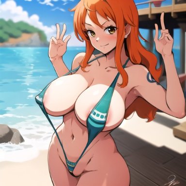 one piece, nami, nami (one piece), mtc272, stable diffusion, 1girls, beach, big breasts, bikini, breasts, brown eyes, female focus, female only, large breasts, long hair