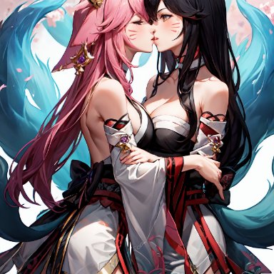 genshin impact, league of legends, ahri, yae miko, stable diffusion, zat3rj3en, 2girls, animal ears, bare shoulders, black hair, breasts, cherry blossoms, earrings, female only, fox