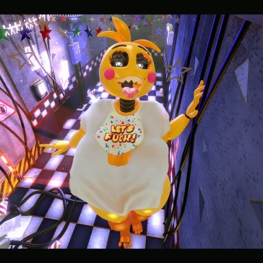 five nights at freddy's, huge toy chica, toy chica (fnaf), toy chica (love taste), pinchibird, big breasts, clothed, female, female only, furry, huge breasts, underboob, 3d, animated, tagme