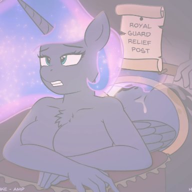 1boy, 1girls, 2d, alicorn, animated, anthro, ass, blue body, blue fur, blue hair, cum, cum on ass, cutie mark, equine, female