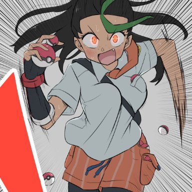 game freak, nintendo, pokemon, pokemon sv, alpha pok&#233;mon, nemona (pokemon), kurachi mizuki, 1girls, clothed female, dark-skinned female, female, fully clothed, horny, imminent sex, orange shorts