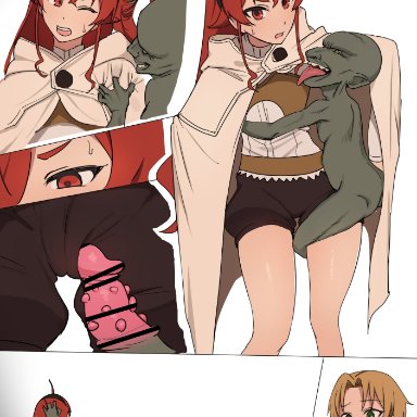 mushoku tensei, eris greyrat, rudeus greyrat, giga, neko (pixiv28238559), bent over, bondage, bound, breasts, completely nude, crying, dark skin, dark-skinned male, female, goblin