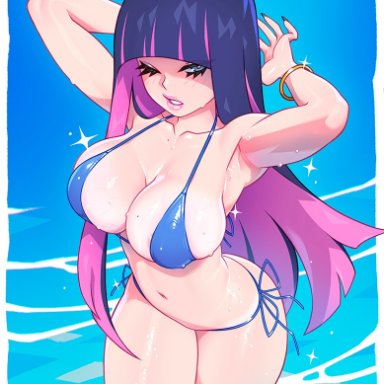 stocking anarchy, kajinman, 1girls, armpits, bikini, blue eyes, cleavage, large breasts, one eye closed, pink hair, purple hair, voluptuous