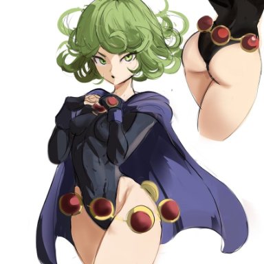 one-punch man, teen titans, raven (cosplay), tatsumaki, rakeemspoon, ass, ass focus, cape, cosplay, covered nipples, green eyes, green hair, highleg, highleg leotard, hips