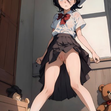 bleach, kuchiki rukia, druido, ai-created, alternative hairstyle, ambiguous background, archway of venus, arms at sides, ass, ass peek, background, bang between eyes, bare legs, bent knees, black hair