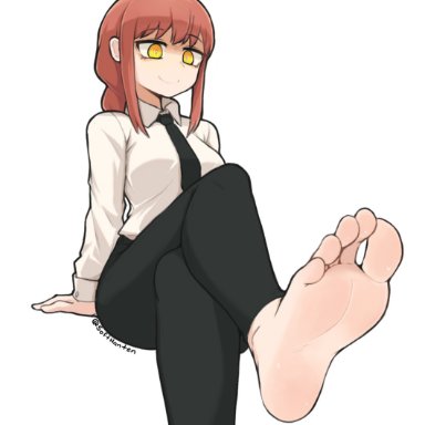 chainsaw man, makima (chainsaw man), softhanten, barefoot, crossed legs, feet, female, foot fetish, long hair, necktie, red hair, smile, soles, toes, yellow eyes