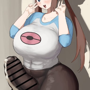 pokemon, rosa (pokemon), chiyo (pixiv39557017), 1futa, balls, big balls, big breasts, big hips, big penis, breasts, brown hair, clothed, clothing, cum, cum through clothes