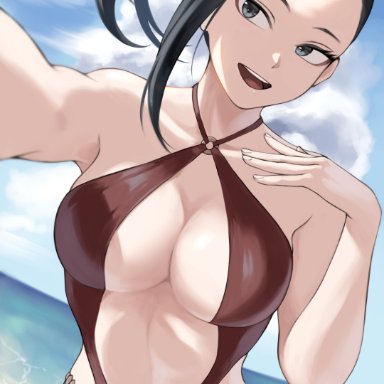 boku no hero academia, my hero academia, momo yaoyorozu, yaoyorozu momo, furin0241, 1girls, beach, bra, looking at viewer, navel, smile, swimsuit