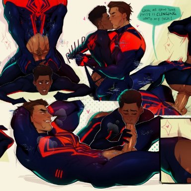 spider-man (series), spider-man 2099, miguel o'hara, miles morales, willatasticnsfw, 2boys, abs, age difference, anal sex, bara, biceps, big ass, big penis, biting lip, blowjob