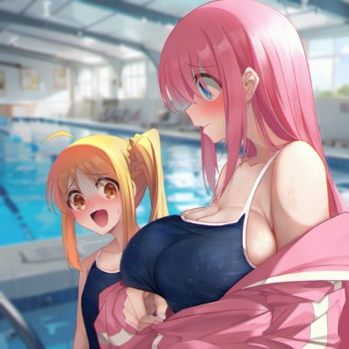 bocchi the rock!, gotou hitori, ijichi nijika, 2girls, blonde hair, blue eyes, breast envy, competition swimsuit, female pervert, jacket on shoulders, large breasts, naughty face, nose blush, pink hair, red eyes