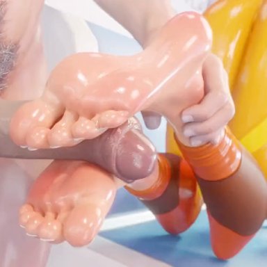 overwatch, lena oxton, tracer, rika3d, 1boy1girl, barefoot, big feet, big penis, clothed female nude male, cum, cum on feet, erection, feet, foot fetish, foot focus