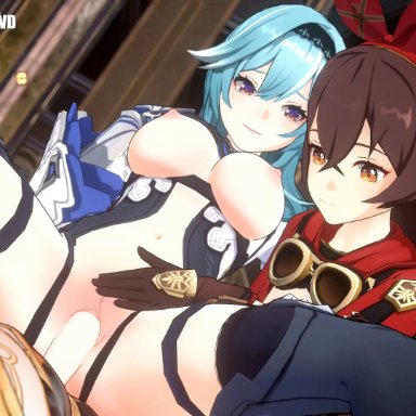 genshin impact, mihoyo, aether (genshin impact), amber (genshin impact), eula (genshin impact), mellewd, 1boy, 2girls, areolae, belly button, big breasts, blue hair, breasts, brown hair, cowgirl position