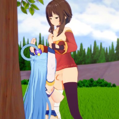 aqua (konosuba), megumin, miscsfmporn, 1futa, 1girls, aqua hair, areolae, ass, bandage, bandaged leg, bangs, bare shoulders, breasts, brown hair, clothed