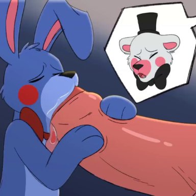 five nights at freddy's, funtime freddy (fnafsl), puppet bonnie (fnafsl), mandyfoxy, cum, cum in mouth, cum on face, femboy, gay, huge cock, larger male, male/male, smaller male, smile, edit